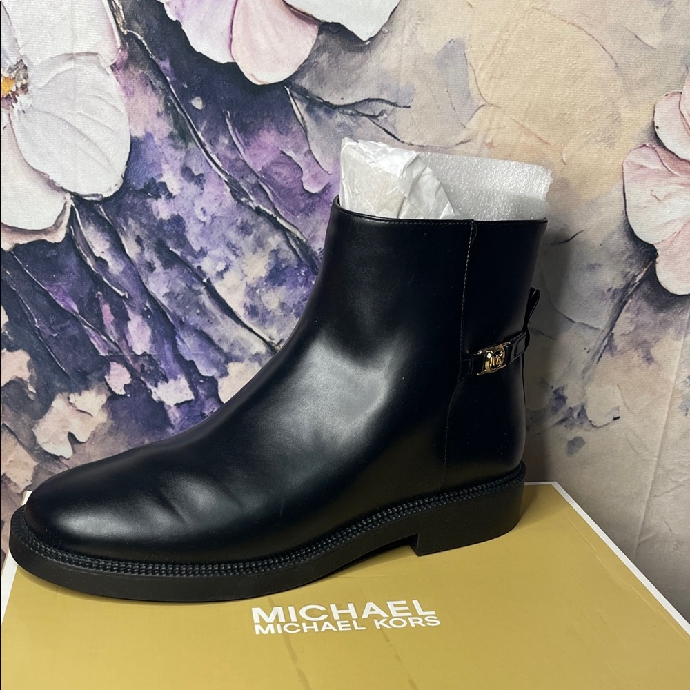 MICHAEL Michael Kors Black Leather Ankle Boot with Gold Buckle Accent